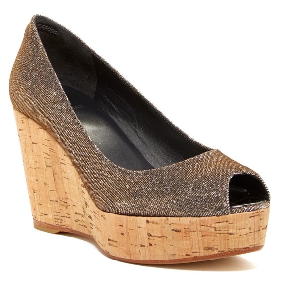STUART WEITZMAN Anna Platform Wedge Peep-Toe Pumps SZ 7.5 Metallic Pyrite